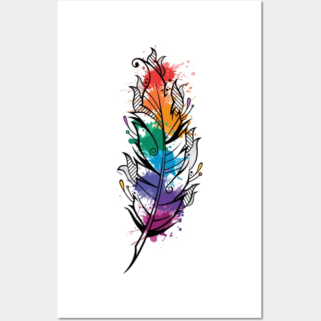 Beautiful colorful bird feather with watercolor paints Wall Art by Razym